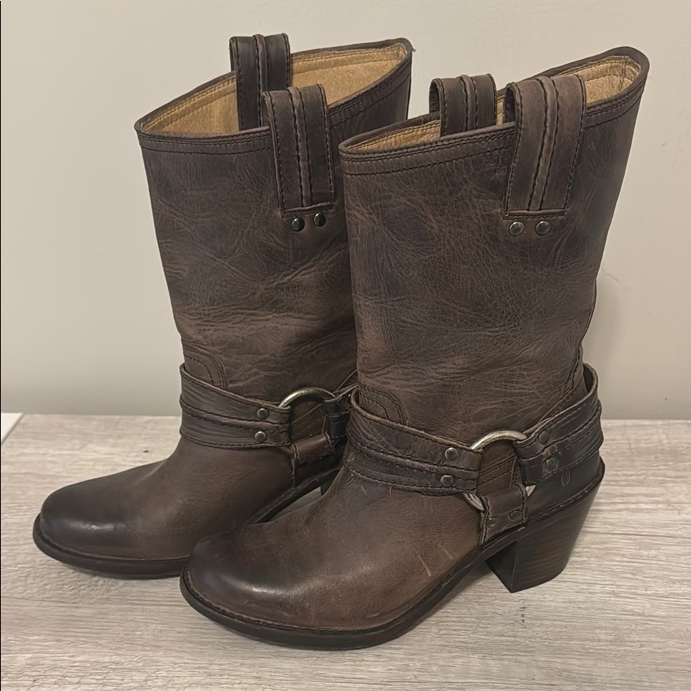Frye Brown Heeled Boots with Harness Detail